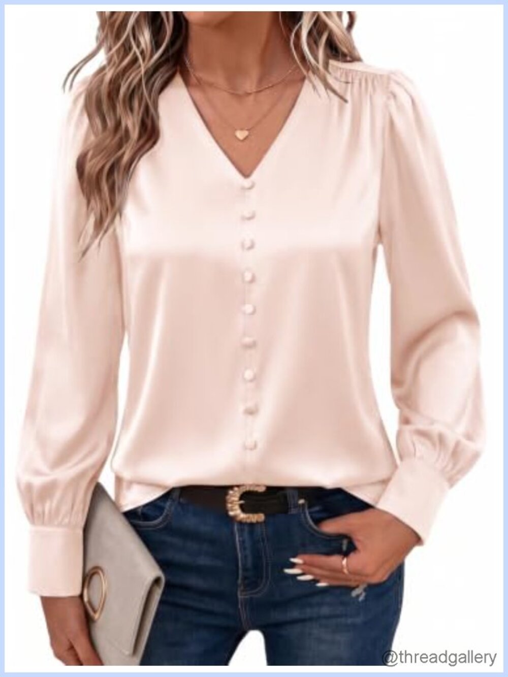 Silk Satin Blouse V-Neck Puff Sleeve Business Casual Top